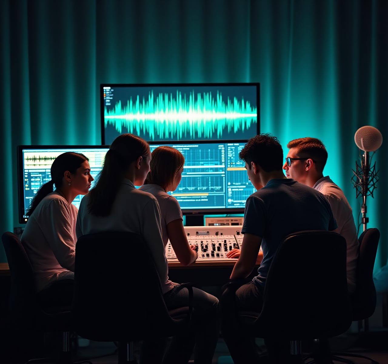 A group of young music researchers collaborating in a bright, modern studio